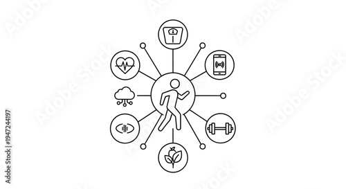 Health and Wellness Technology: Connected Person with Icons for Fitness, Nutrition, Sleep, Vision, and Data