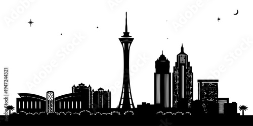 Las Vegas USA – Casino Skyline Silhouettes Minimalist Black and White Monochrome Night City Poster Featuring Iconic Vegas Architecture & Strip Landmarks