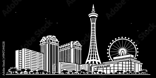 USA, US, U.S, United States - Las Vegas casino skyline silhouettes minimalist monochrome night city poster