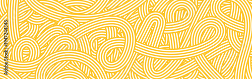 Noodle Ramen Pattern background. Wave yellow spaghetti lines. Abstract pasta food texture. Macaroni poster. Chinese or Italian cuisine packaging. Vector illustration art