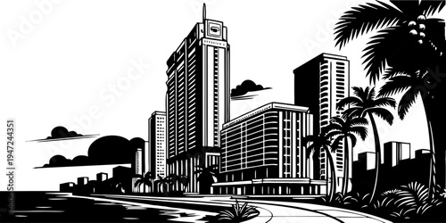 USA, US, U.S, United States - Miami tropical skyline waterfront monochrome architecture panorama