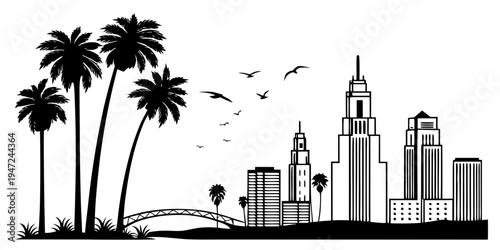 USA, US, U.S, United States - Los Angeles downtown skyline with palm trees minimalist monochrome travel poster