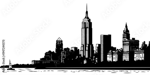 USA, US, U.S, United States - New York City Manhattan skyline ultra-wide panorama minimalist black and white architecture silhouette poster