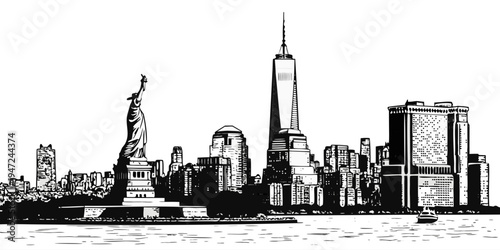 USA, US, U.S, United States - New York City Manhattan skyline ultra-wide panorama minimalist black and white architecture silhouette poster