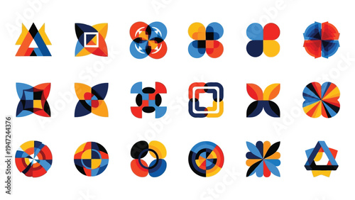 Colorful geometric patterns composed of interconnected star and circular shapes Vector