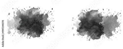 Black watercolor splash stain set isolated on transparent background, abstract ink wash paint splatter textures, hand painted grunge watercolor blot elements for artistic backgrounds and creative desi