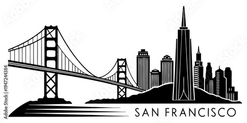 USA, US, U.S, United States - San Francisco skyline with bridge silhouette minimalist monochrome poster design