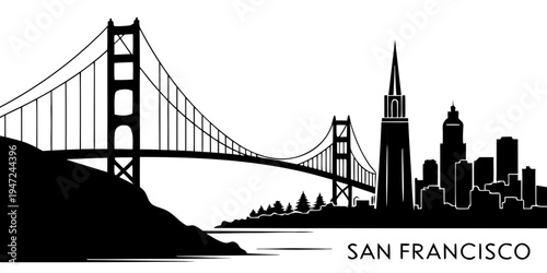 USA, US, U.S, United States - San Francisco skyline with bridge silhouette minimalist monochrome poster design