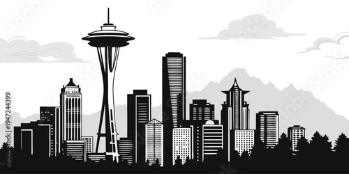 USA, US, U.S, United States - Seattle skyline with space needle silhouette modern black and white panorama 