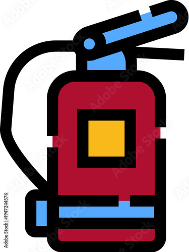 Red fire extinguisher with blue handle and hose on white background, essential emergency safety equipment for preventing and controlling small fires in homes and workplaces