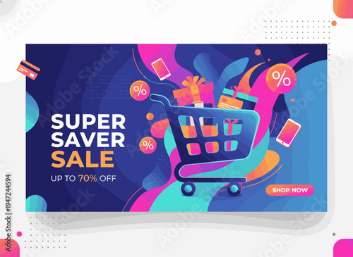Vibrant Super Saver Sale Banner with E commerce Shopping Cart Gifts and Discount Icons in Flat Vec_EPS10_Stock.eps