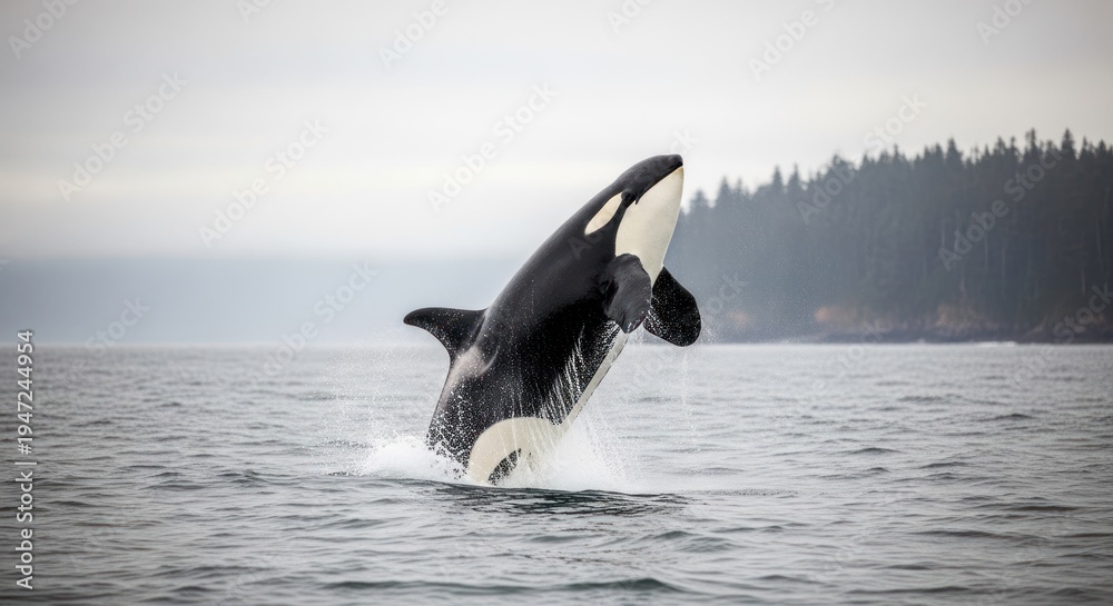 Obraz premium Majestic orca leaps from the ocean in a breathtaking display of power.