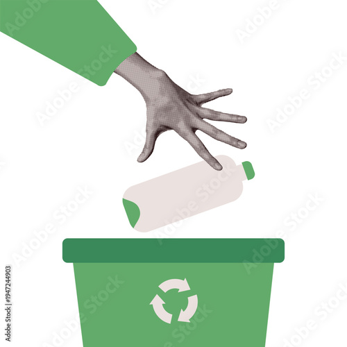 Recycling concept vintage pop art collage. Halftone human hand throwing plastic bottle into green recycle bin. Retro paper cut vector illustration for zero waste, eco lifestyle and garbage sorting.