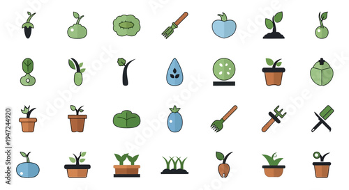 Various gardening icons and tools.