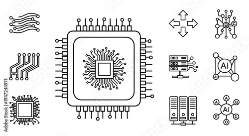 Microchip with various tech symbols around.