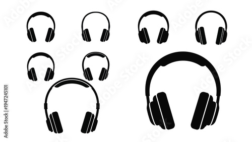 Assorted styles of headphones displayed in a row for comparison purposes Vector