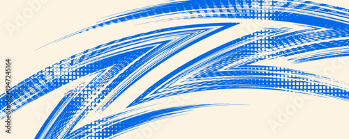 Grainy blue spiral brush stroke with spray texture. Hand drawn distress damaged edge vintage banner with spiral bold line.