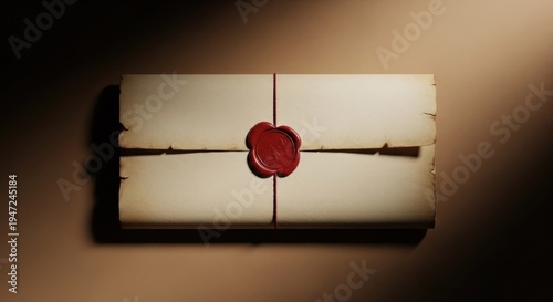 Mysterious sealed letter with red wax seal on parchment.