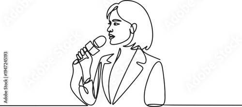 Portrait of a beautiful woman TV presenter. Journalist with a microphone in her hands. Reporter reporting. One line draw graphic design vector