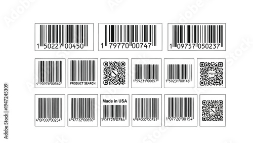 Collection of various barcodes displayed in a grid pattern for scanning and identification purposes Vector