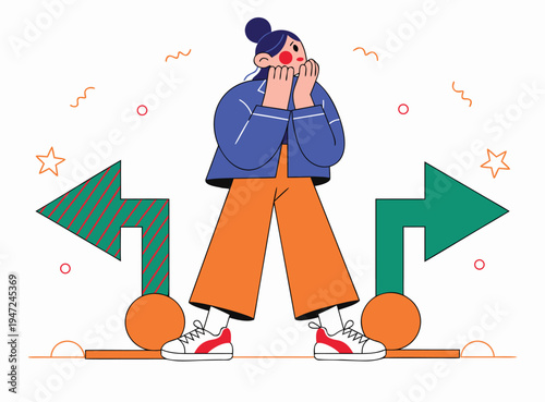 Flat Vector Illustration of Woman in Dilemma Between Two Large Arrows Pointing in Opposite Directions