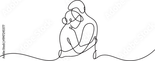 Romantic couple hugging continuous. One line draw graphic design vector