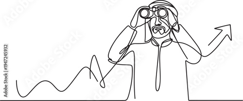 Single continuous line drawing young Arab business man analyze market stock using binocular. One line draw graphic design vector