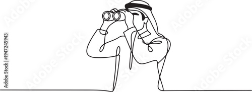Single continuous line drawing young Arab business man analyze market stock using binocular. One line draw graphic design vector