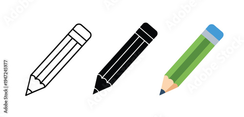 Three different colored pencils illustration isolated on transparent background
