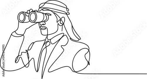 Single continuous line drawing young Arab business man analyze market stock using binocular. One line draw graphic design vector