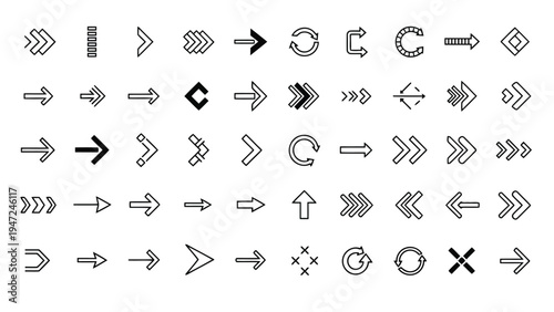 Collection of various directional and functional arrow symbols with different shapes and styles Vector