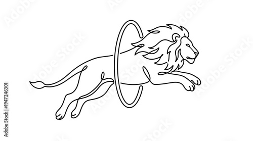 Lion Jumping Through Hoop Continuous Single Line Minimalist Circus Animal Line Art Illustration