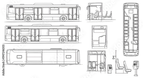 Modern City Bus Blueprint Vector – Public Transport Vehicle Interior Seating Layout Multi View Technical Drawing Isolated on White