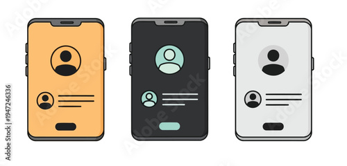 Three smartphone screens showing profile cards with different color themes