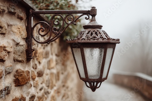An old-fashioned iron lantern mounted on a stone wall in a misty environment, showcasing detailed craftsmanship and vintage charm with a soft, muted light effect.