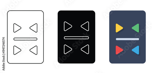 Three different remote control buttons layout designs with play pause arrows