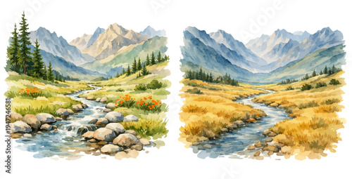 A watercolor collection of Tibetan mountain valleys with rivers for travel illustrations, Himalayan landscape artwork, nature decor, and adventure themed designs.