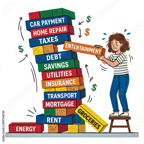 A stressed woman struggles with a collapsing tower of expenses. A metaphor for the high cost of living, debt, and financial crisis. Vector illustration
