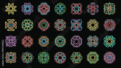 Vibrant array of intricately designed circular patterns showcasing diverse cultural motifs Vector