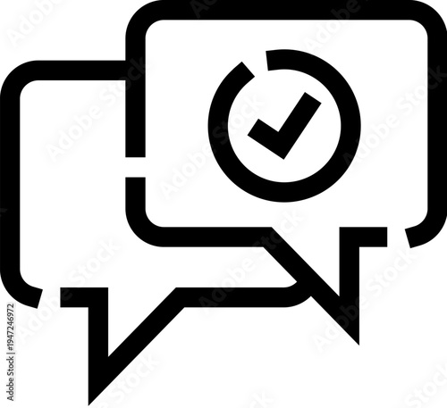 Two overlapping chat speech bubbles with one featuring a checkmark inside a circular loading or completing icon, symbolizing confirmed messages and successful communication