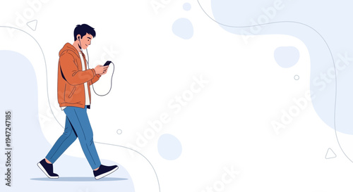 Man walking with phone and headphones, casual style, minimalist background
