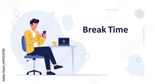 Man on Break Time Using Smartphone at Desk with Laptop and Coffee