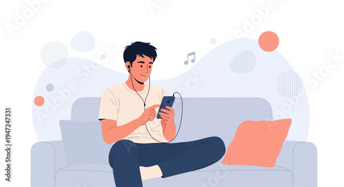 Man Relaxing on Sofa Listening to Music on Smartphone with Earphones