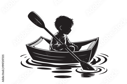 Little boy rowing wooden boat on water silhouette illustration child paddling small rowboat alone on river creative nautical adventure concept for kids isolated on transparent background