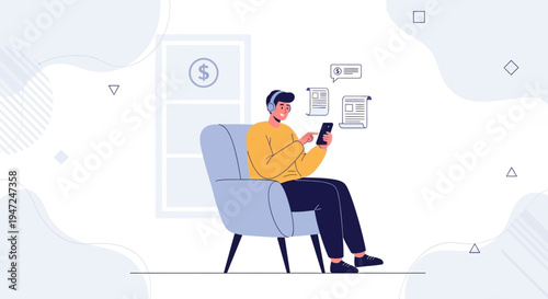 Man Relaxing on Sofa with Smartphone, Listening to Music and Reading Documents