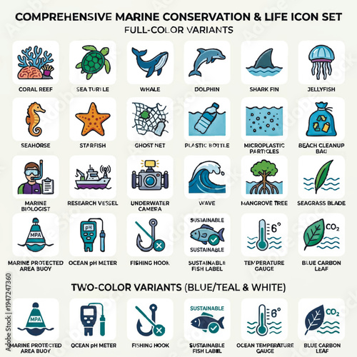 A vector icon set about marine conservation and ocean life. Includes icons for sea animals, plastic pollution, and scientific research. Comes in full-color and two-color variants. Vector illustration