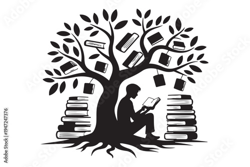 person reading under tree of knowledge black silhouette education growth learning books stacked wisdom concept illustration