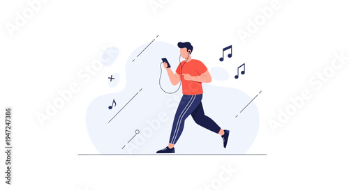 Man running with headphones and smartphone, listening to music, animated illustration