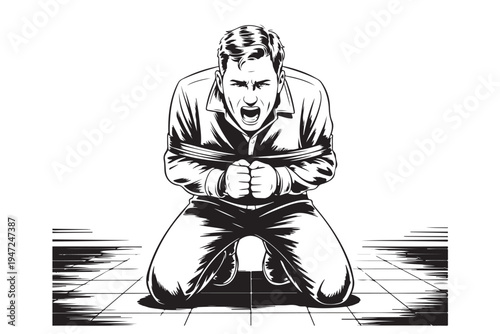 man tied up and shouting helplessly captured stressed distressed emotional painful expression desperate situation distress conflict struggle crisis situation