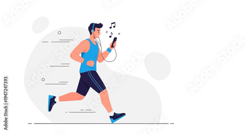 Man running with headphones and smartphone, listening to music, dynamic motion illustration